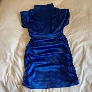 Royal blue silk mini dress with mock neck detail